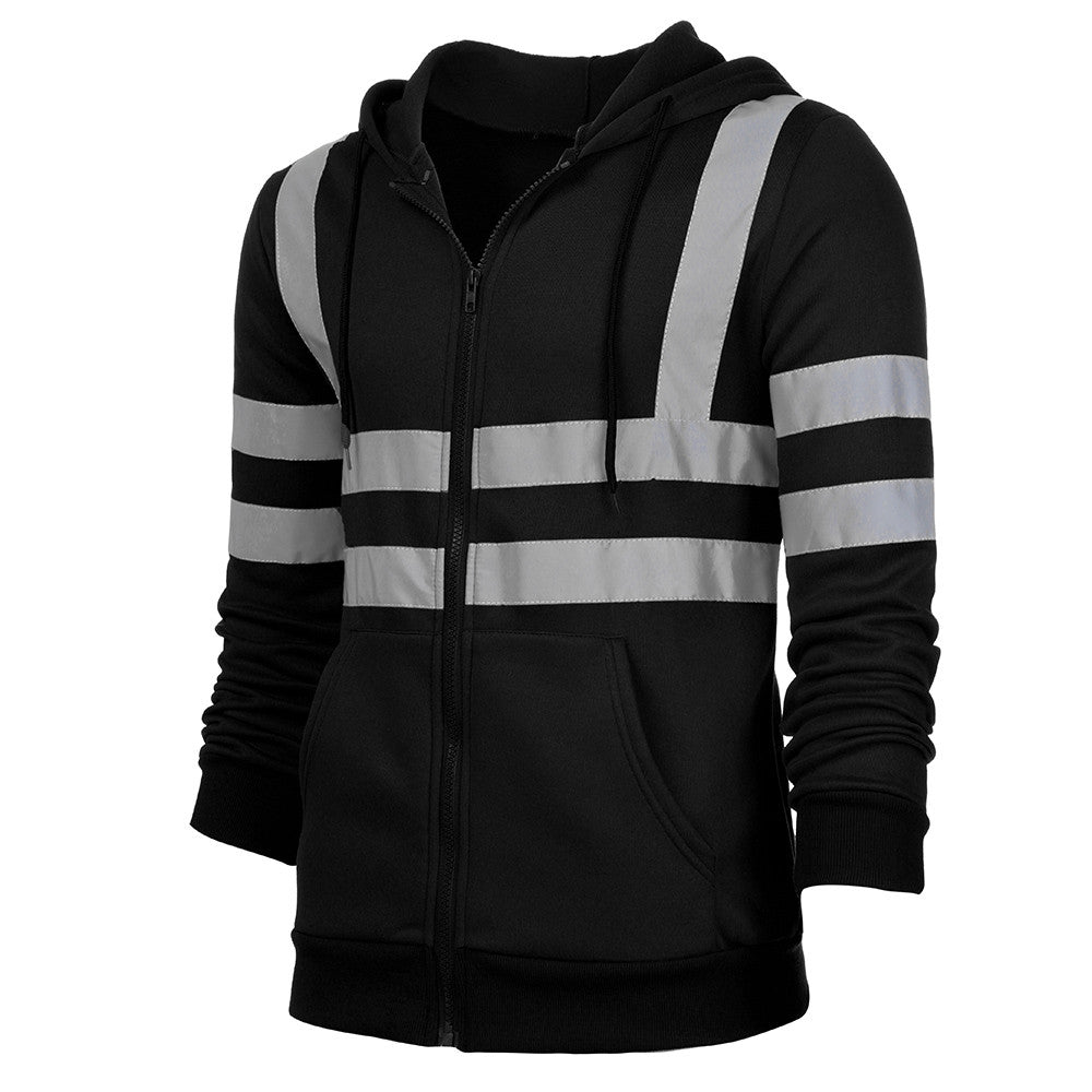 Men Reflective Stripe Hooded Jacket Patchwork Hoodies Road Work High Visibility Pullover Workwear Coat Color Block Hooded Tops