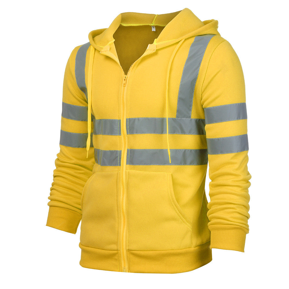 Men Reflective Stripe Hooded Jacket Patchwork Hoodies Road Work High Visibility Pullover Workwear Coat Color Block Hooded Tops