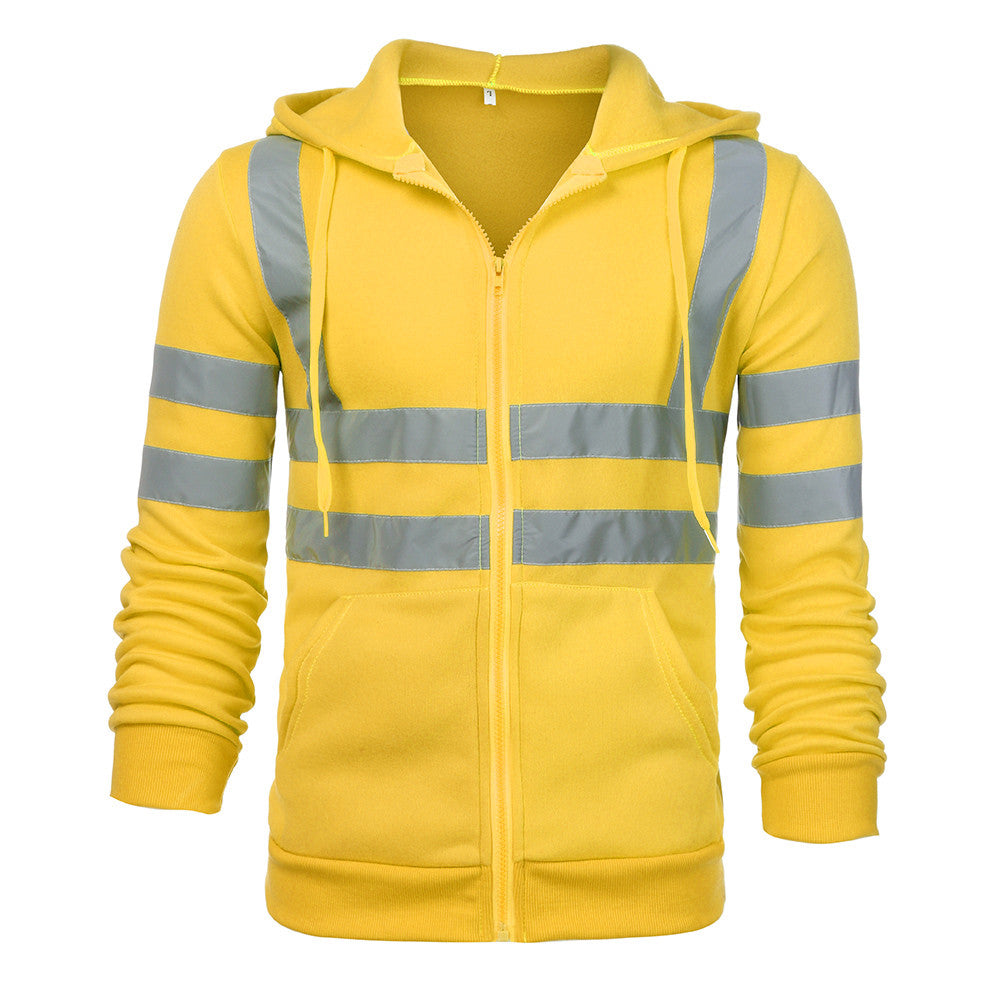 Men Reflective Stripe Hooded Jacket Patchwork Hoodies Road Work High Visibility Pullover Workwear Coat Color Block Hooded Tops