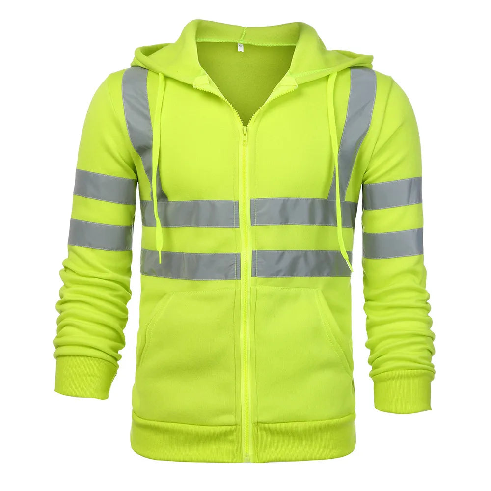 Men Reflective Stripe Hooded Jacket Patchwork Hoodies Road Work High Visibility Pullover Workwear Coat Color Block Hooded Tops