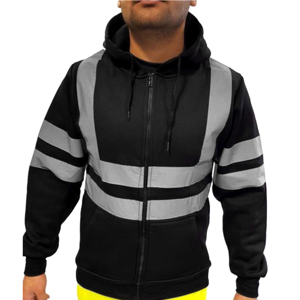 Men Reflective Stripe Hooded Jacket Patchwork Hoodies Road Work High Visibility Pullover Workwear Coat Color Block Hooded Tops