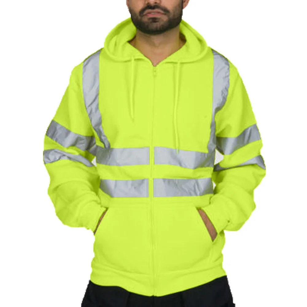 Men Reflective Stripe Hooded Jacket Patchwork Hoodies Road Work High Visibility Pullover Workwear Coat Color Block Hooded Tops