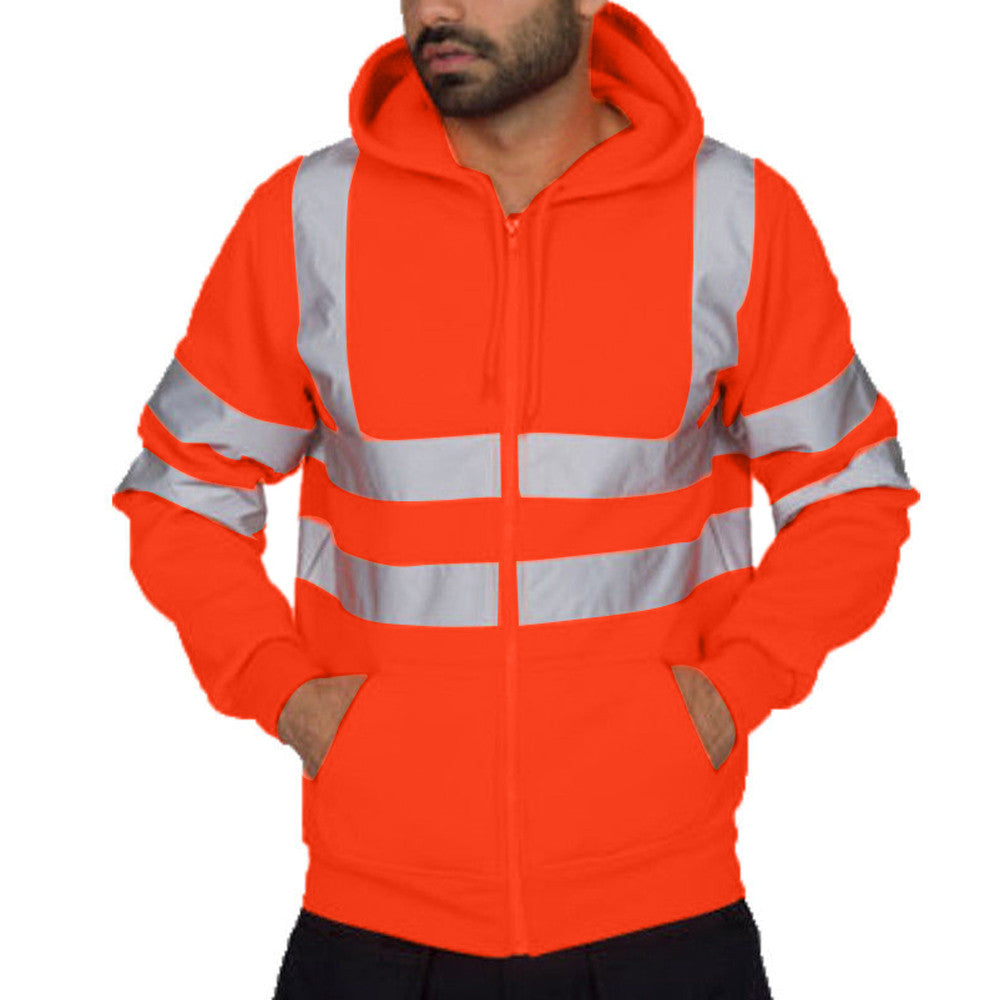 Men Reflective Stripe Hooded Jacket Patchwork Hoodies Road Work High Visibility Pullover Workwear Coat Color Block Hooded Tops