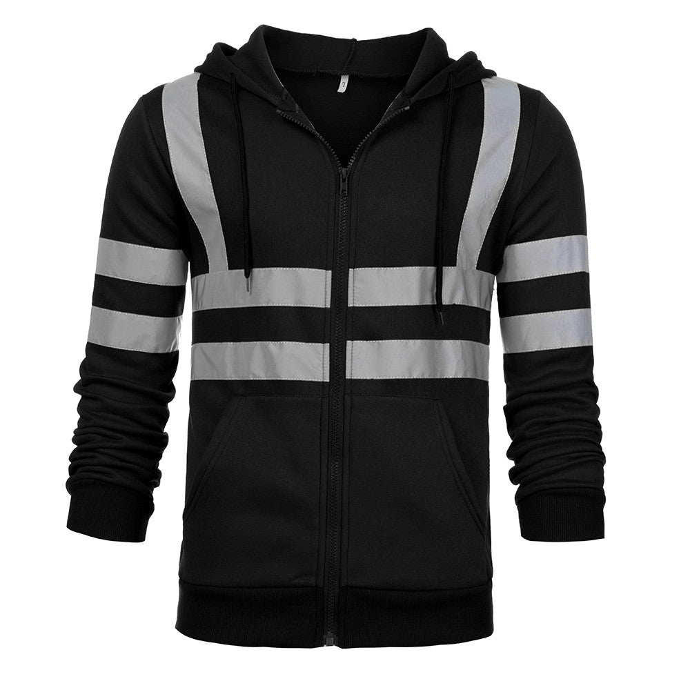 Men Reflective Stripe Hooded Jacket Patchwork Hoodies Road Work High Visibility Pullover Workwear Coat Color Block Hooded Tops