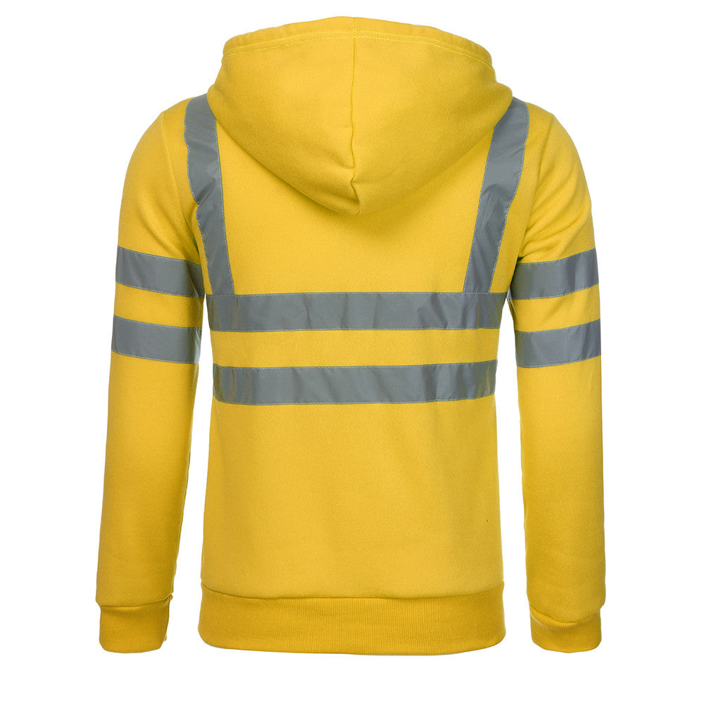 Men Reflective Stripe Hooded Jacket Patchwork Hoodies Road Work High Visibility Pullover Workwear Coat Color Block Hooded Tops