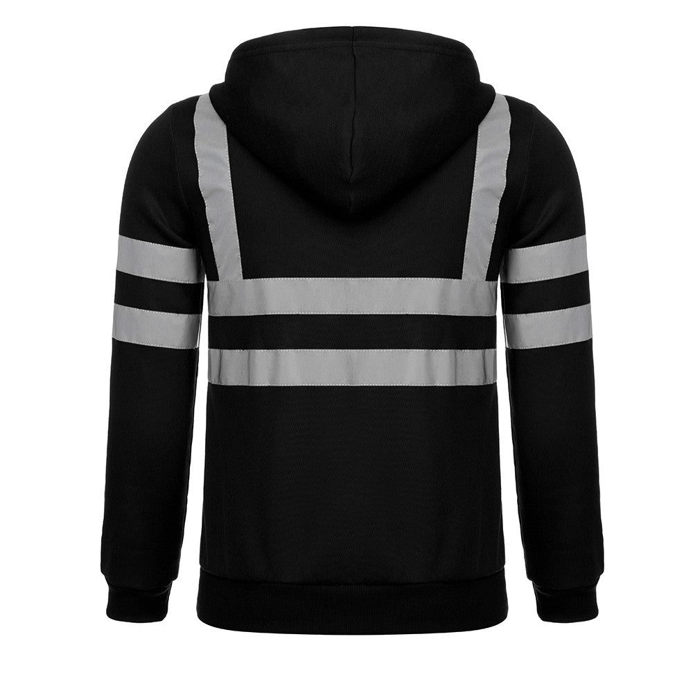 Men Reflective Stripe Hooded Jacket Patchwork Hoodies Road Work High Visibility Pullover Workwear Coat Color Block Hooded Tops