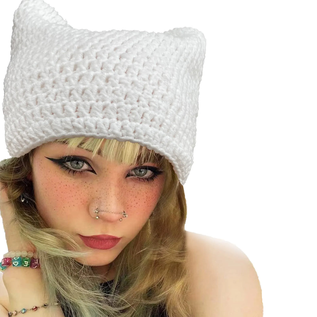 Cute Cat Ears Beanie Hats for Women Winter Striped Korean Punk Gothic Y2K Wool Knitted Streetwear Handmade Crochet Bucket Cap