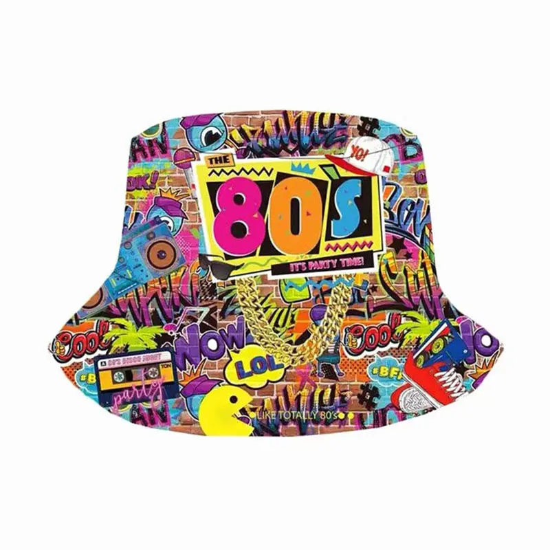 Europe and America Retro Nostalgic 90s Tape Pattern Bucket Hat Female Double Sided Spring and Summer Outdoor Sunscreen Sun Hat