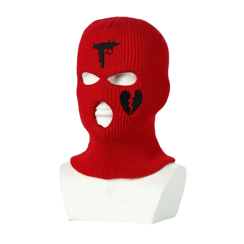 3Holes Winter Warm Unisex Balaclava Mask Hat Embroidery Full Face Mask Knitted Cycling Ski Snowboard Hat Cap Hip Hop Beanie Gift