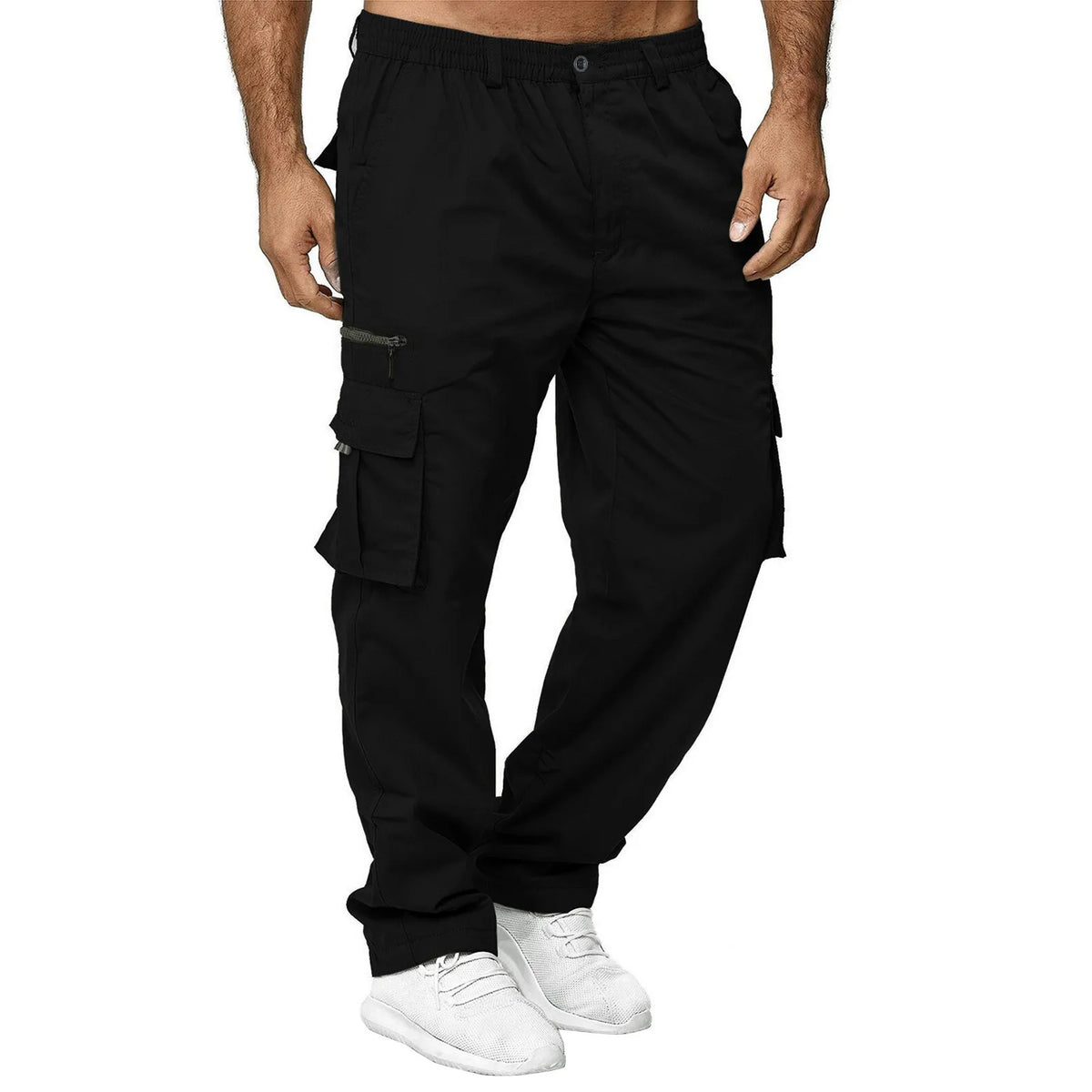 Mens Trousers Popular Casual Slim Fit Solid Color Pocket Cargo Pants Loose Wide Leg Straight Elastic High Waisted Pantalones