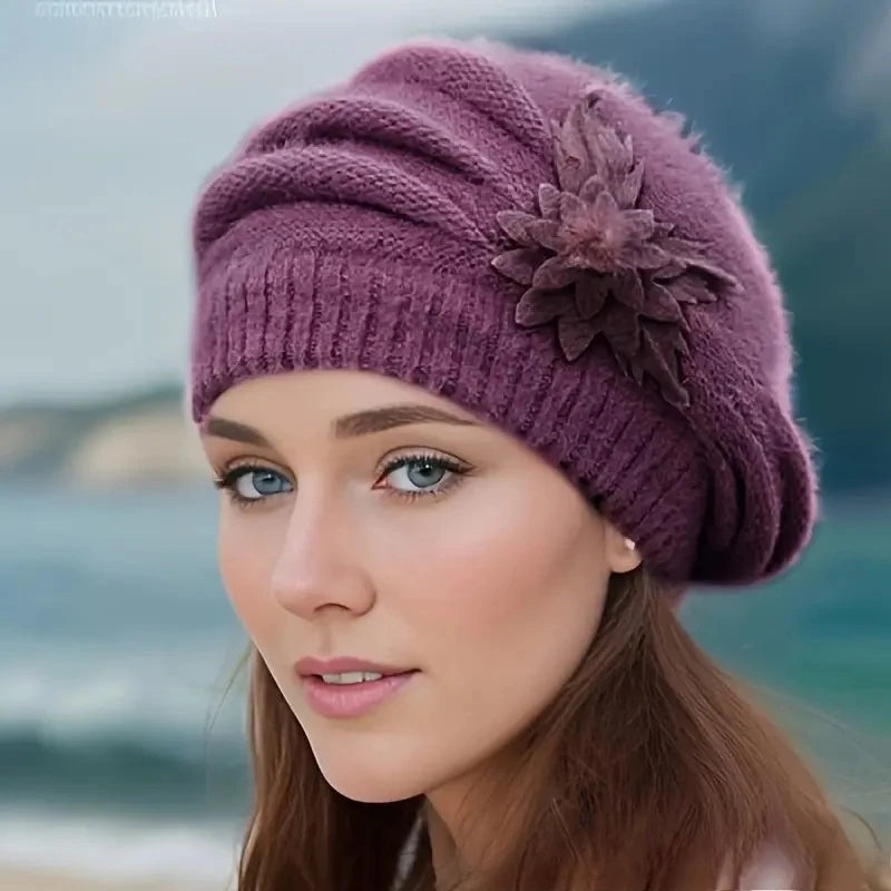 1pc Women's Winter warm Flower beanie Hat,outdoor windproof fashion Thick Beret Warm Knitted fleece Hat Autumn Winter Mom Hat