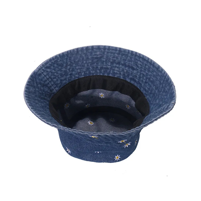 Popular Little Daisy Embroidered Cotton Summer Jeans Bucket Hat Cap For Women Spring Fisherman Hat Outdoor Travel Sunshade Gift