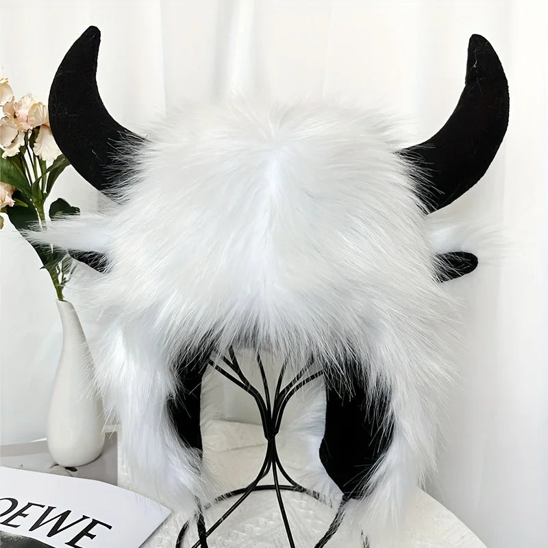 Women's Cow Skull Fisherman Hat with Faux Fur Horns - Winter Warm Ear Protection Beanie, Soft Imitation Mink Material women