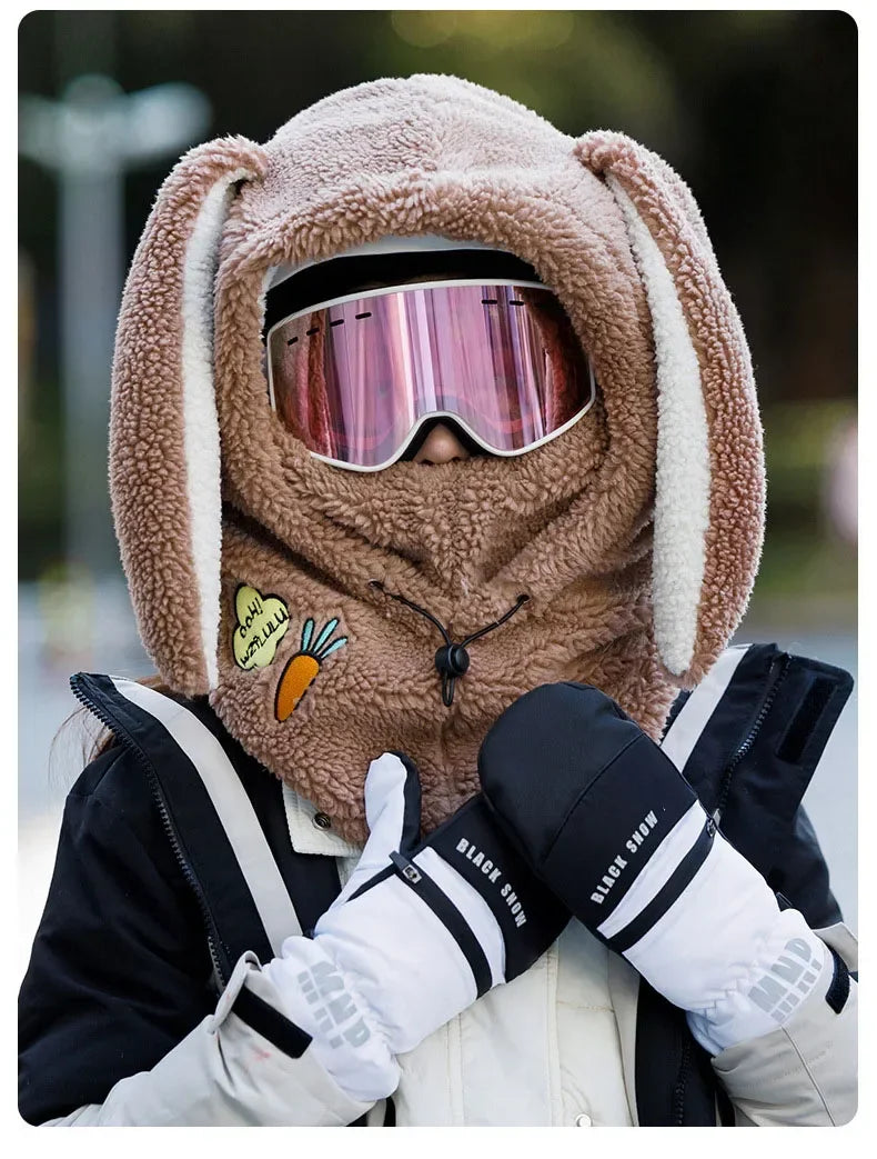Winter Warm Ski Helmet Cover Comfortable Soft Fleece Skiing Head Warmer Cartoon Cute Rabbit Ear Decorative Helmet Cover Hat