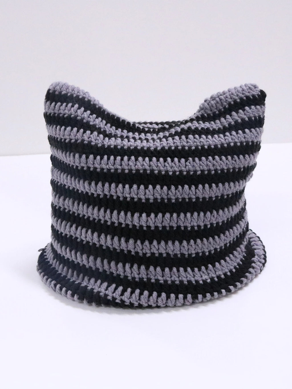 Cute Cat Ears Beanie Hats for Women Winter Striped Korean Punk Gothic Y2K Wool Knitted Streetwear Handmade Crochet Bucket Cap