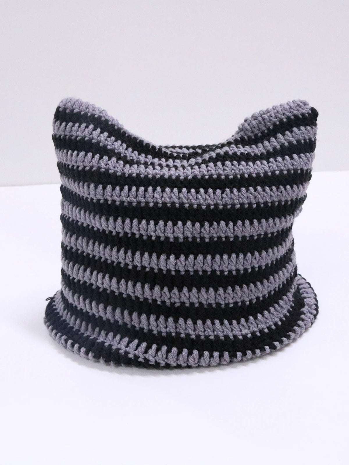 Cute Cat Ears Beanie Hats for Women Winter Striped Korean Punk Gothic Y2K Wool Knitted Streetwear Handmade Crochet Bucket Cap