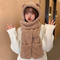 Cute Bear Ear Hat Fashion Winter Warm Comforts Polyester Thickened Plush Hoodie Hat Scarf Gloves Set Girl Kawaii Warm Casual Hat