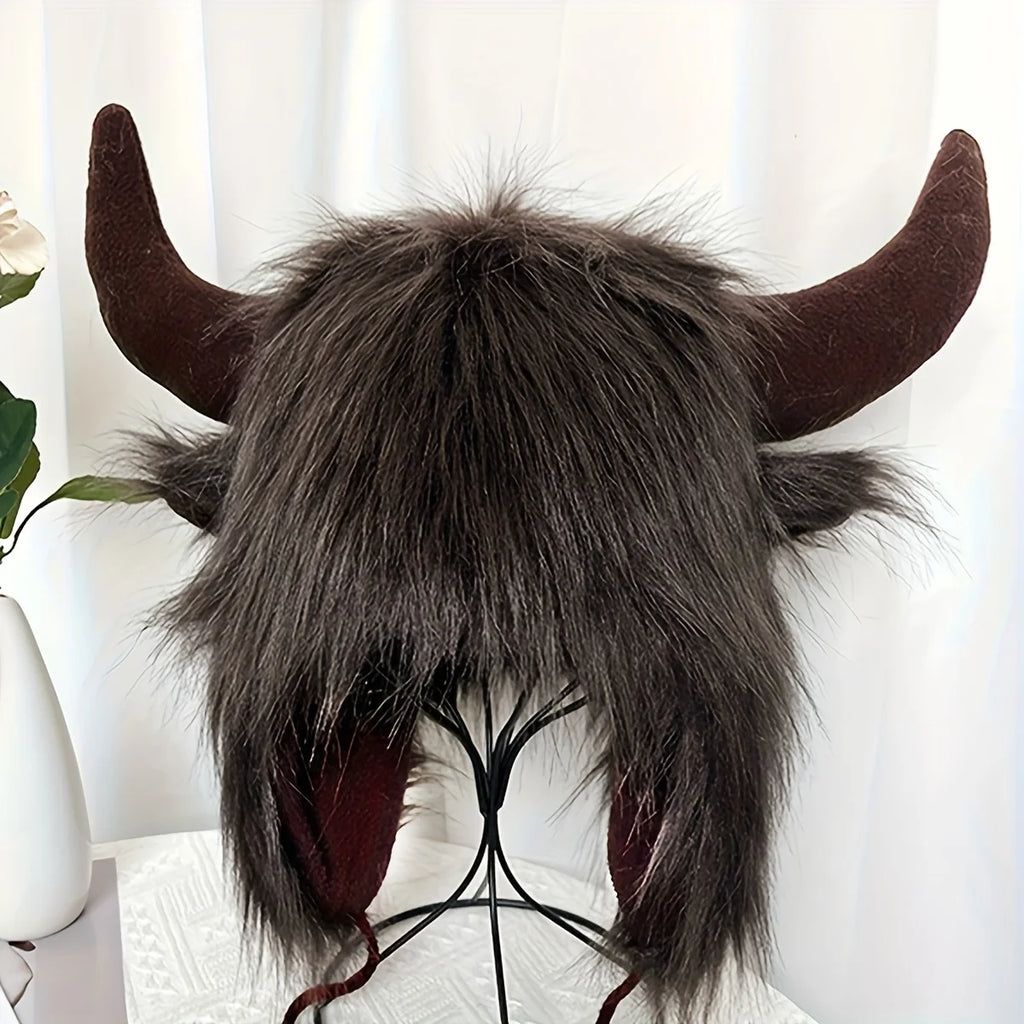 Women's Cow Skull Fisherman Hat with Faux Fur Horns - Winter Warm Ear Protection Beanie, Soft Imitation Mink Material women