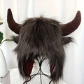 Women's Cow Skull Fisherman Hat with Faux Fur Horns - Winter Warm Ear Protection Beanie, Soft Imitation Mink Material women