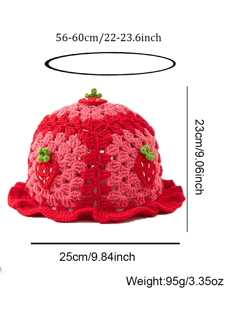 Lady'S Cartoon Red Strawberry-Shaped Fisherman'S Hat, Bohemian-Style Hand-Crocheted And Hollowed-Out Ruffled Cute Knitted Hat