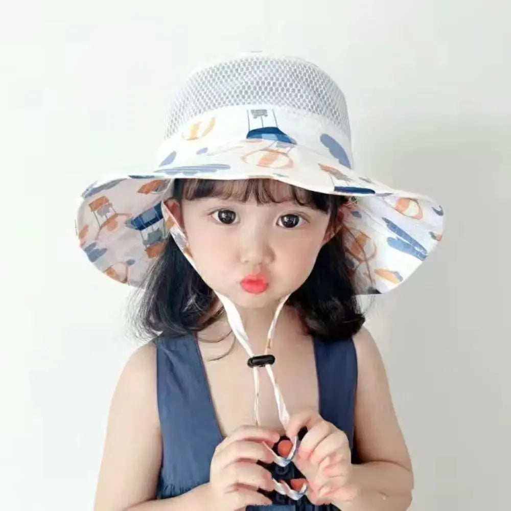 Cartoon Print Baby Sunshade Hat New Mesh Wide Brim Kids Fisherman Hat Breathable Sunshade Hat For Boys Girls