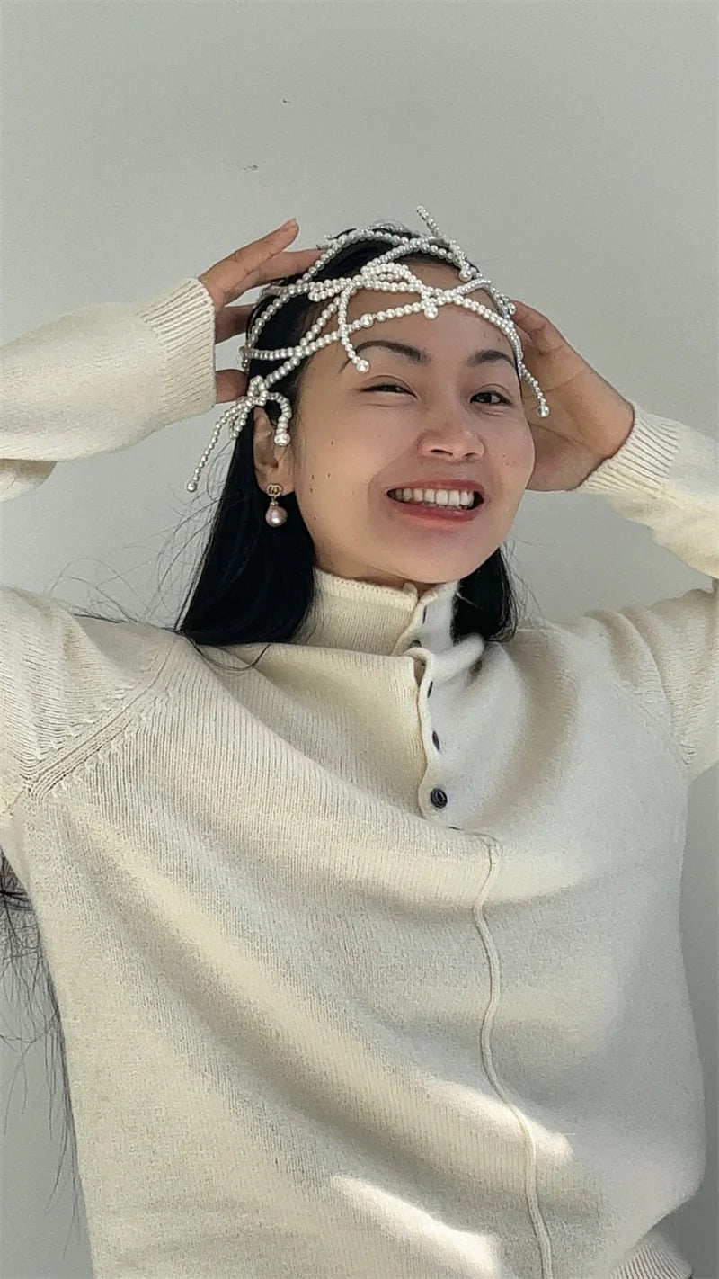 2024 new fashion chic women white handmade pearl weave hat