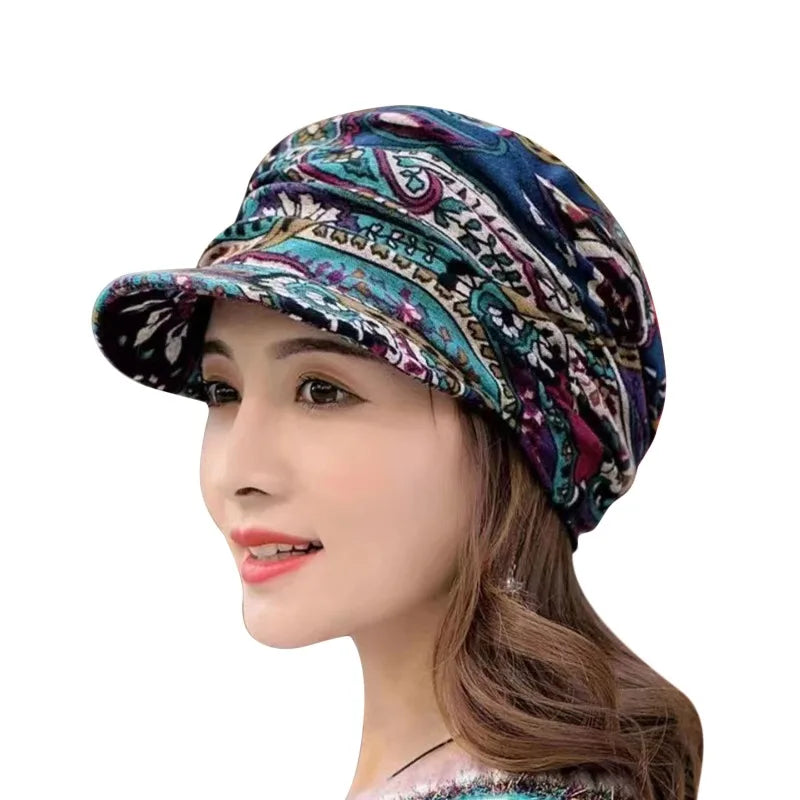 New Autumn Women Peaked Cap Short Brim Warm Foldable Earflap Women Cap Ethnic Style Floral Print Winter Hat Daily Clothing