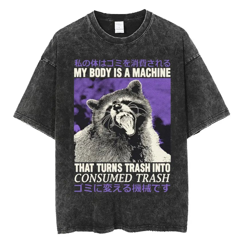 The Horrors Are Never Ending Yet I Remain Silly T-shirt Funny Japanese Style Frog Retro Washed T Shirt Men's Oversized Tees Tops
