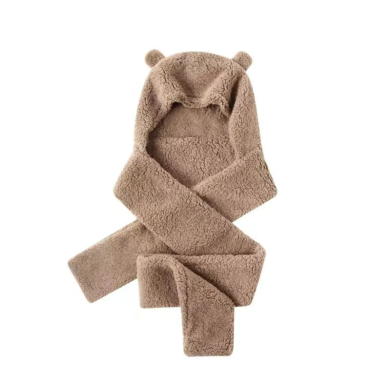 Cute Bear Ear Hat Fashion Winter Warm Comforts Polyester Thickened Plush Hoodie Hat Scarf Gloves Set Girl Kawaii Warm Casual Hat