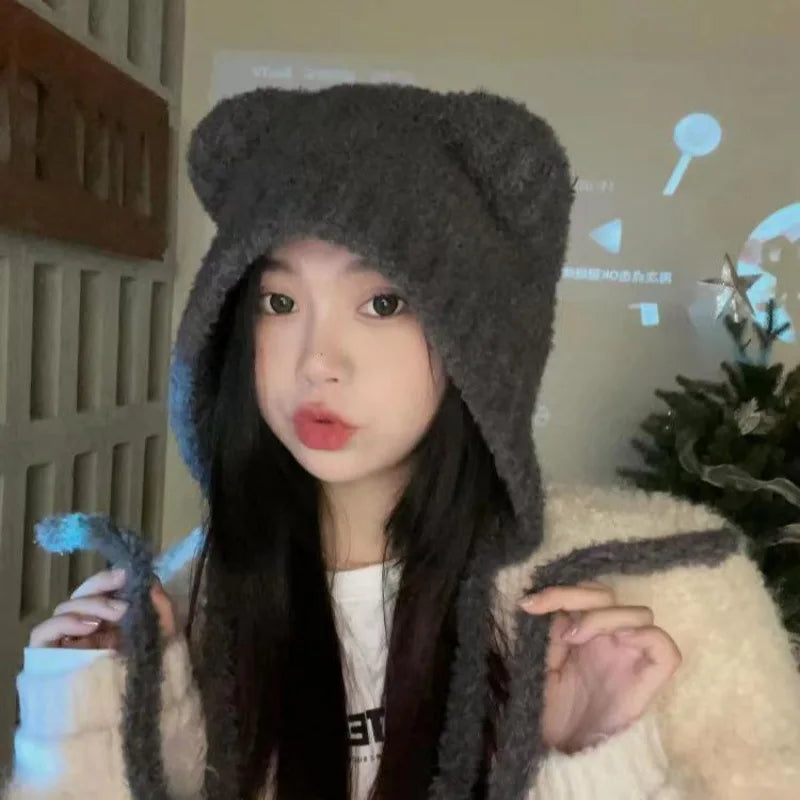 Cute Girl Knit Ear Protection Hat Bear Women Earmuffs Cap Woolen Crochet Bonnet Solid Color Hood Beanies Winter Warm Headgear