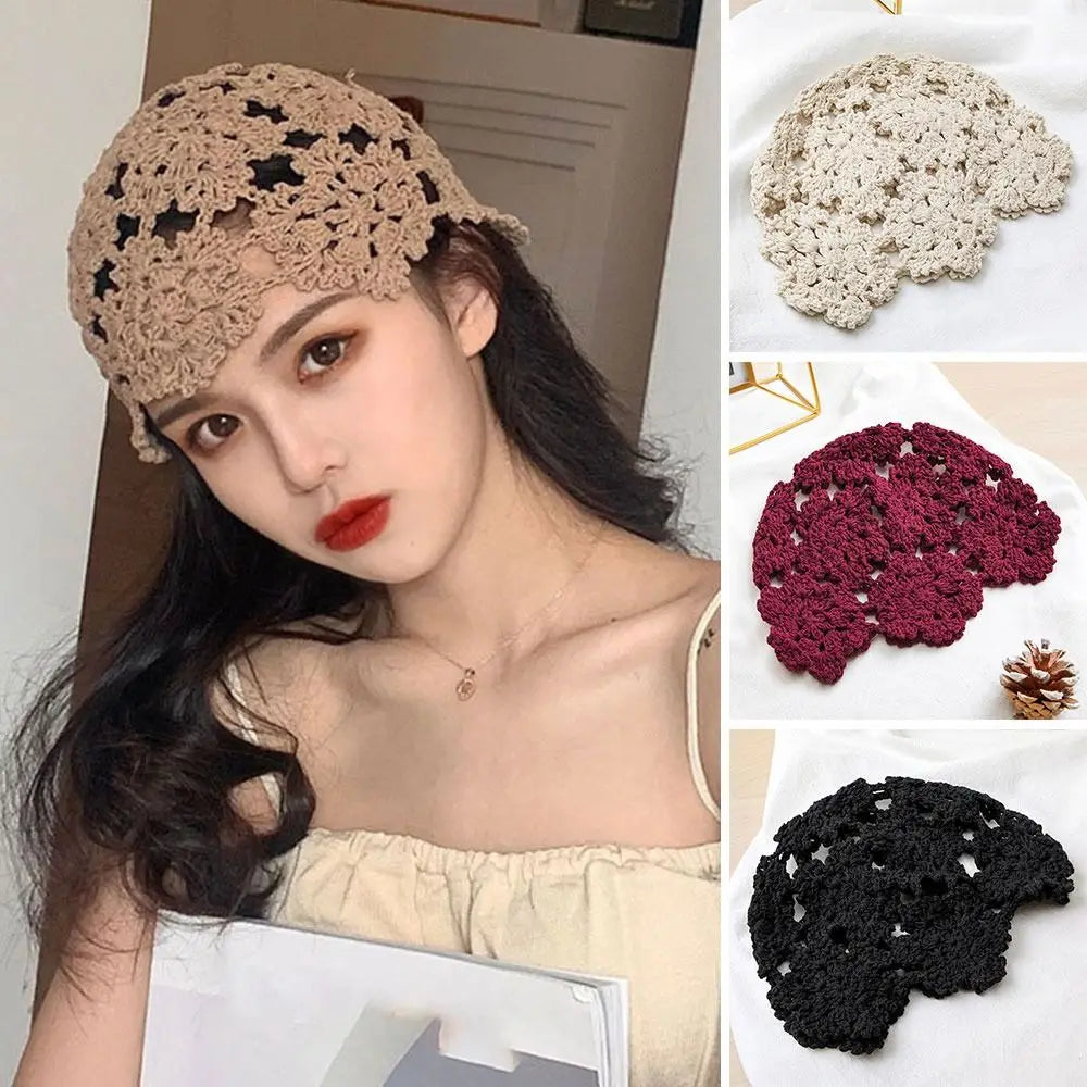 Women's Hollowed Out Knitted Hat Casual Beret Cap Fashion Flowers Breathable Skullies Hat Sun Visor Summer Headwear