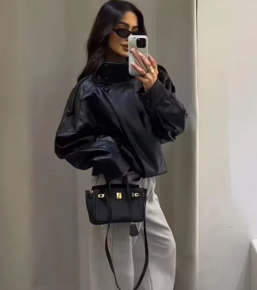 Women's Jacket Fall 2025 New Black Long Sleeve Pebble Faux Leather Jacket Motorcycle Style Personality Fashion