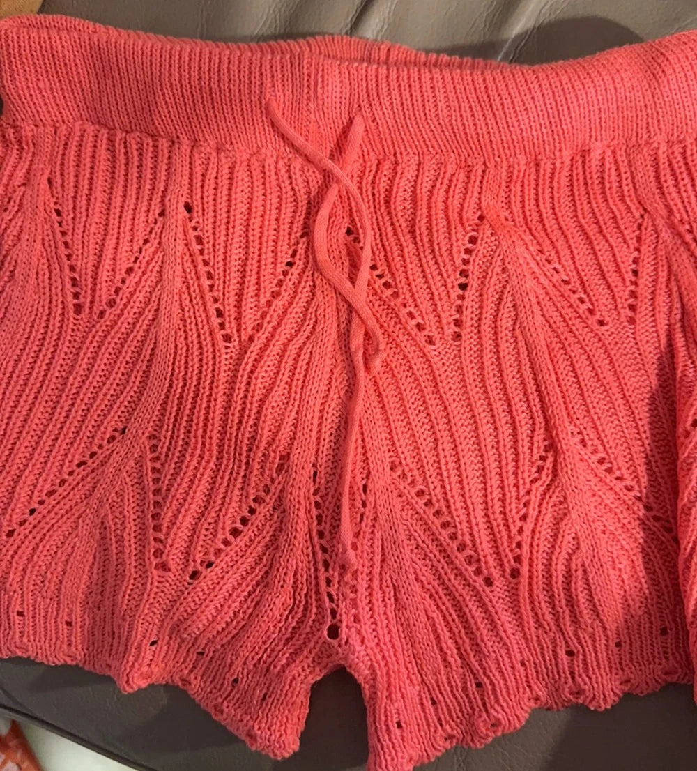 Womens Beach Shorts Hollow Out Knitted Lace Drawstring Elastic Waist Soft Breathable Loose High Waist Summer Bikini Shorts