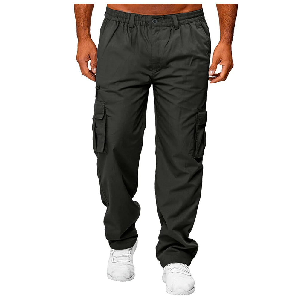 Mens Trousers Popular Casual Slim Fit Solid Color Pocket Cargo Pants Loose Wide Leg Straight Elastic High Waisted Pantalones