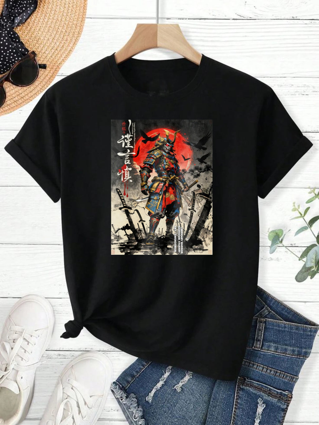 100% pure cotton short sleeved T-shirt Samurai Warrior Standing With Sword Red Moon Background Japanese Calligraphy Artwork Traditional Style Design Easy to wear and match, comfortable and fashionable, suitable for all season