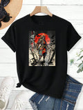 100% pure cotton short sleeved T-shirt Samurai Warrior Standing With Sword Red Moon Background Japanese Calligraphy Artwork Traditional Style Design Easy to wear and match, comfortable and fashionable, suitable for all season