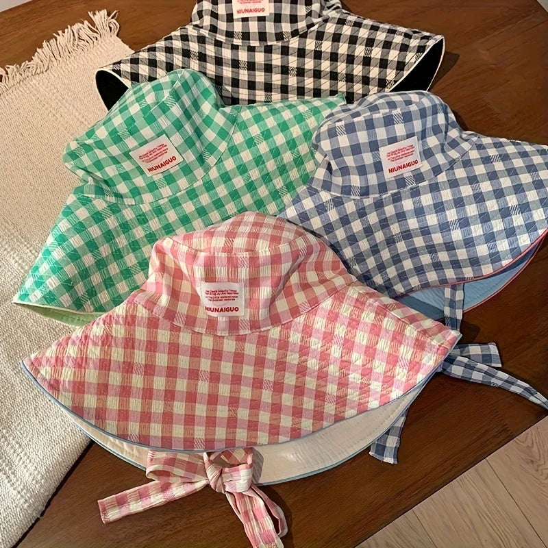 Plaid fisherman hat trendy seaside beach sunshade hat double-sided wearable plaid summer sunscreen hat