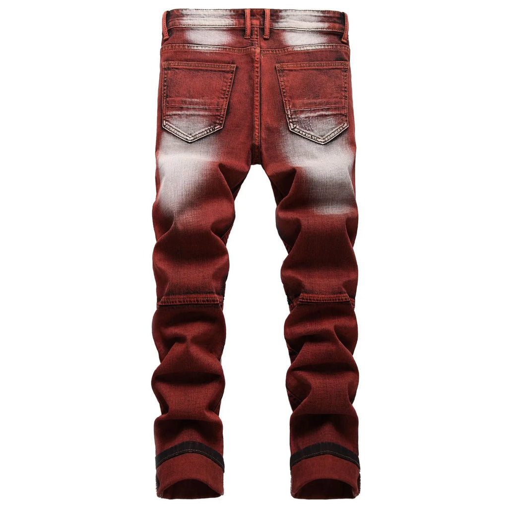 New Motorcycle Style Stretch Hole Beggar Street Tie Dye Gradient Color Personality Fashion Denim Business Stretch Men'S Jeans