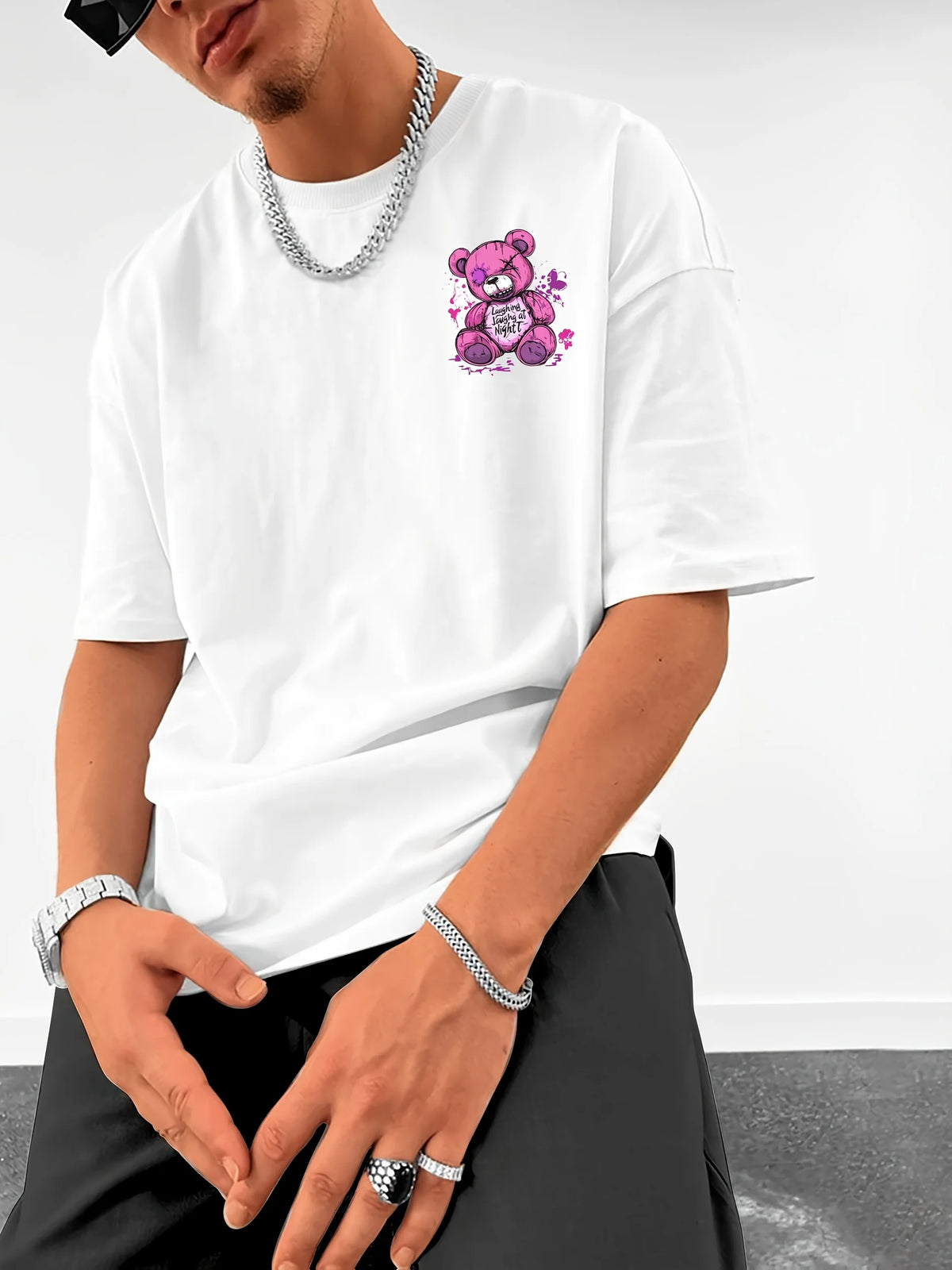 Trendy style new summer men's teddy bear letter print breathable and comfortable round neck T-shirt outdoor high street top