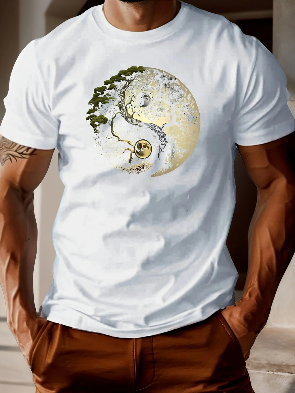 Men's summer 100% pure cotton fashionable casual loose sports yin-yang tree pattern print round neck short sleeved T-shirt top