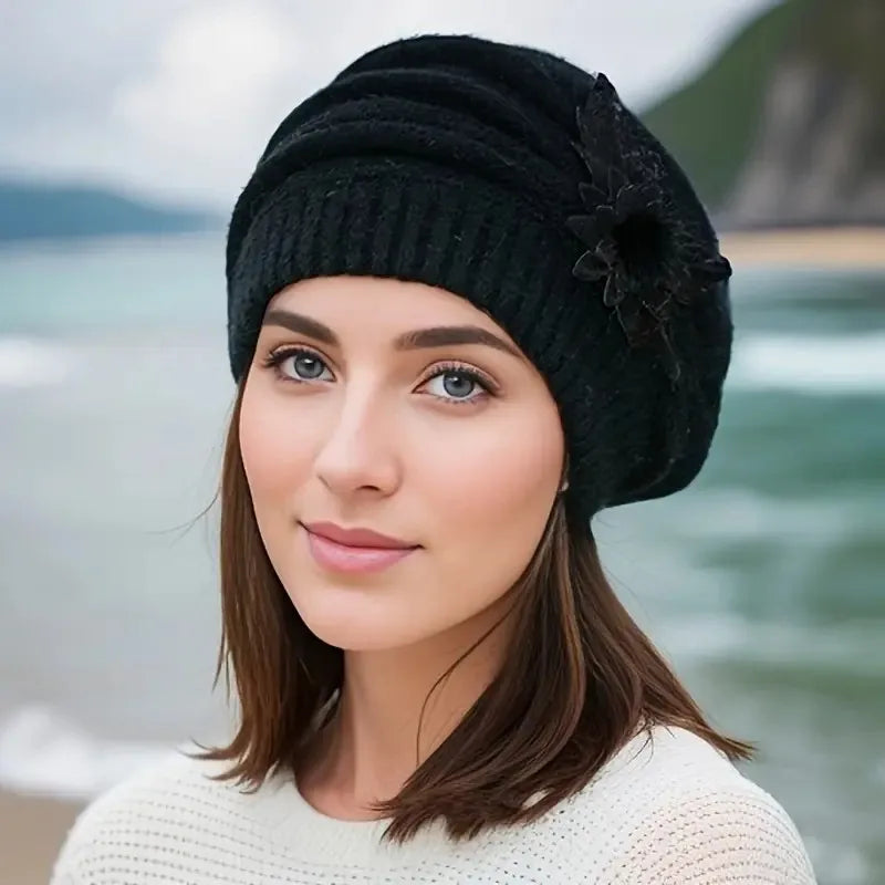 1pc Women's Winter warm Flower beanie Hat,outdoor windproof fashion Thick Beret Warm Knitted fleece Hat Autumn Winter Mom Hat