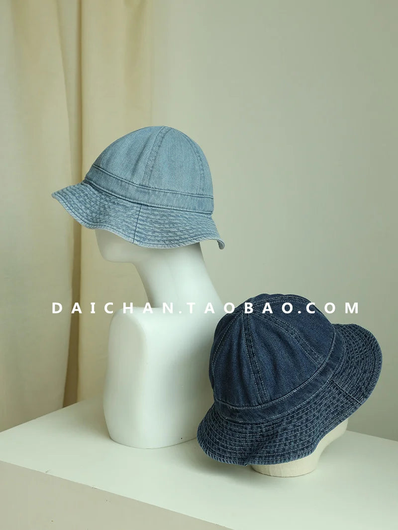 Japanese Retro Simple Dome Denim Basin Caps for Women Spring and Summer Travel Casual Versatile Sunscreen Bucket Hats Men