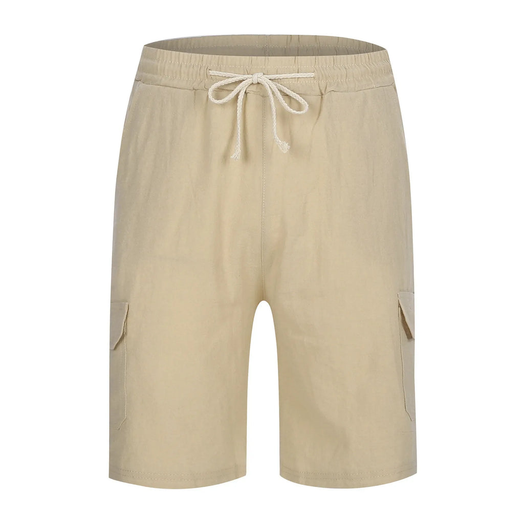 Men Spring And Summer Pant Casual All Solid Color Cotton Linen Loose Trouser Fashion Pockets Wide Leg High Waist A-word Shorts