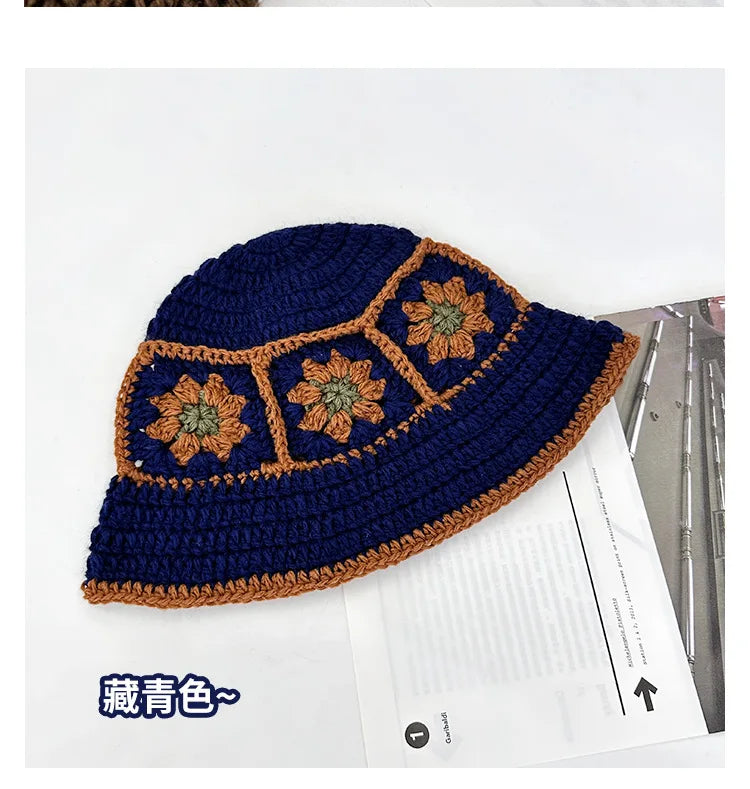 2025 Autumn New Crochet Korean Handmade Bucket Hat Women Weaving Knitted Hat Y2k Fashion Flowers Autumn Winter Beanies Basin Cap
