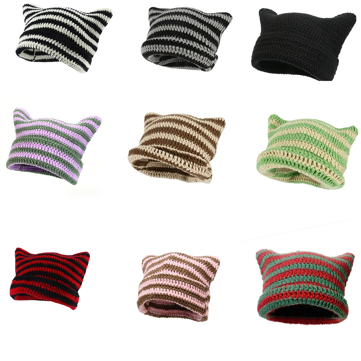 Cute Cat Ears Beanie Hats for Women Winter Striped Korean Punk Gothic Y2K Wool Knitted Streetwear Handmade Crochet Bucket Cap