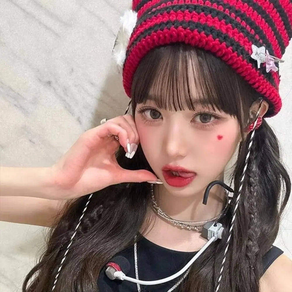 Y2K Beanie Hat Women Ins Devil Ear Striped Knitted Wool Cap Autumn Winter Hip-hop Crochet Cute Cat Ears Pointed Pullover Hats