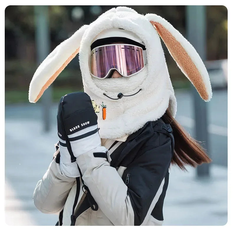 Winter Warm Ski Helmet Cover Comfortable Soft Fleece Skiing Head Warmer Cartoon Cute Rabbit Ear Decorative Helmet Cover Hat