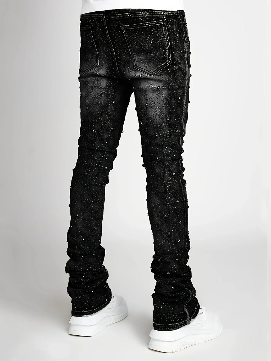 Men's denim fashion personality straight leg men's pants European and American fashion Instagram hot item elastic pearl denim la