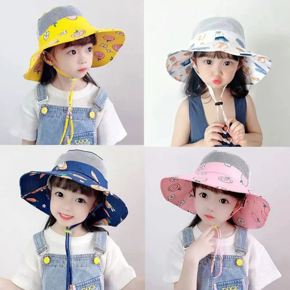 Cartoon Print Baby Sunshade Hat New Mesh Wide Brim Kids Fisherman Hat Breathable Sunshade Hat For Boys Girls