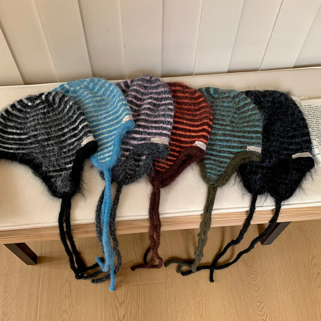 Winter Hat Women Wool Knitted Striped Beanie Baggy Cap Warm Windproof Outdoor Ski Balaclava Casual New